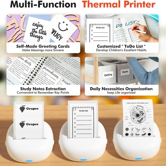 Sticker Printer Mini Thermal Printer with 5 Rolls Paper Inkless(White) Brand New - Picture 8 of 9